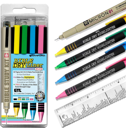 G.T. Luscombe Company, Inc. Bible Dry-Liner, Yellow, Green, Blue, Pink Highlighters, Pigma Micron 01 Black Ink, No Bleed, Underlining Writing Pen & Books of the Bible Ruler, 5-Piece Set Study Kit