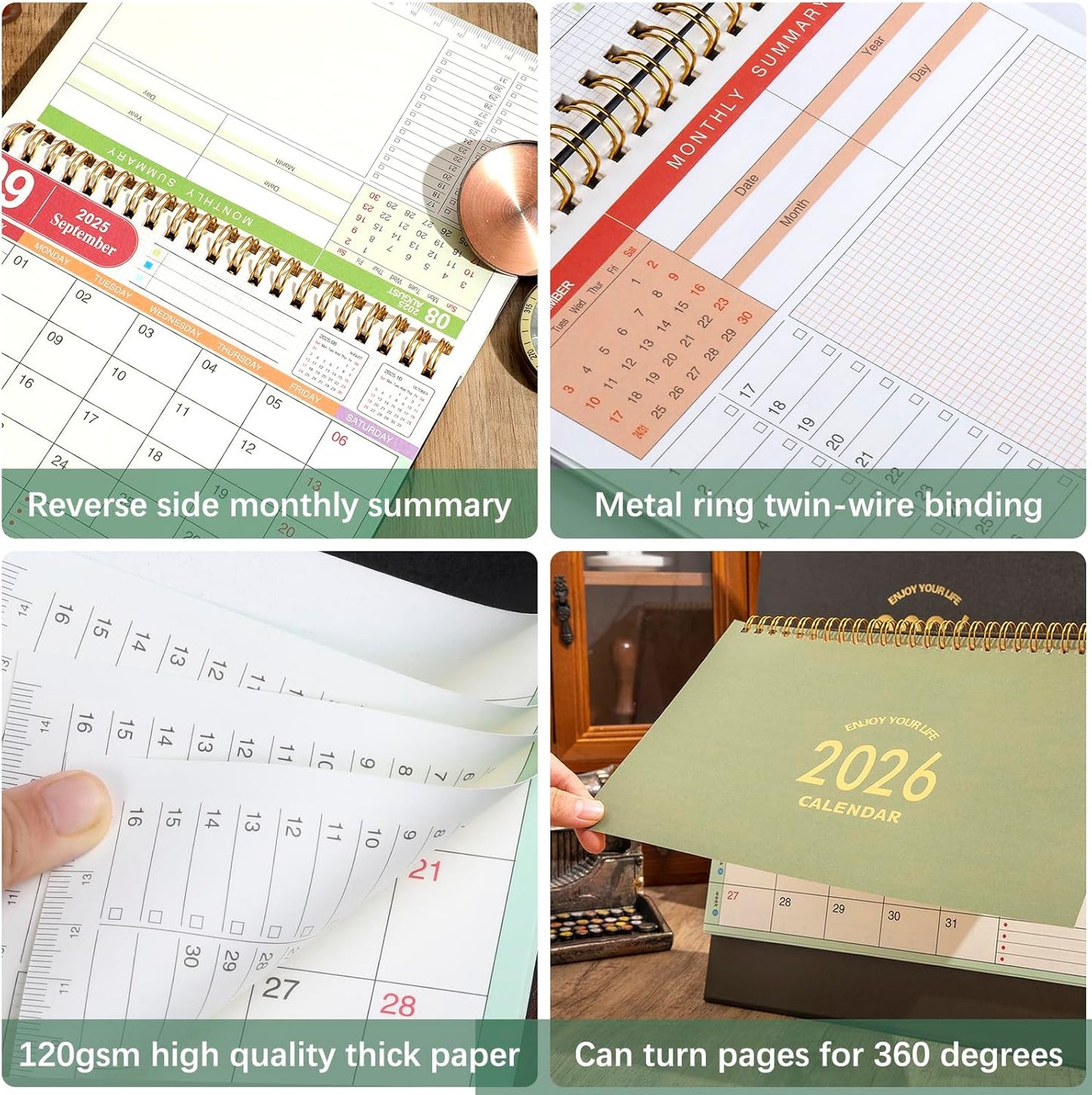 Small Desk Calendar 2025-2026, Standing Flip Desktop Calendar from July 2025 to Dec 2026 - Metal Ring Twin-Wire Binding Monthly Desktop Calendar for Home Office School (Black)