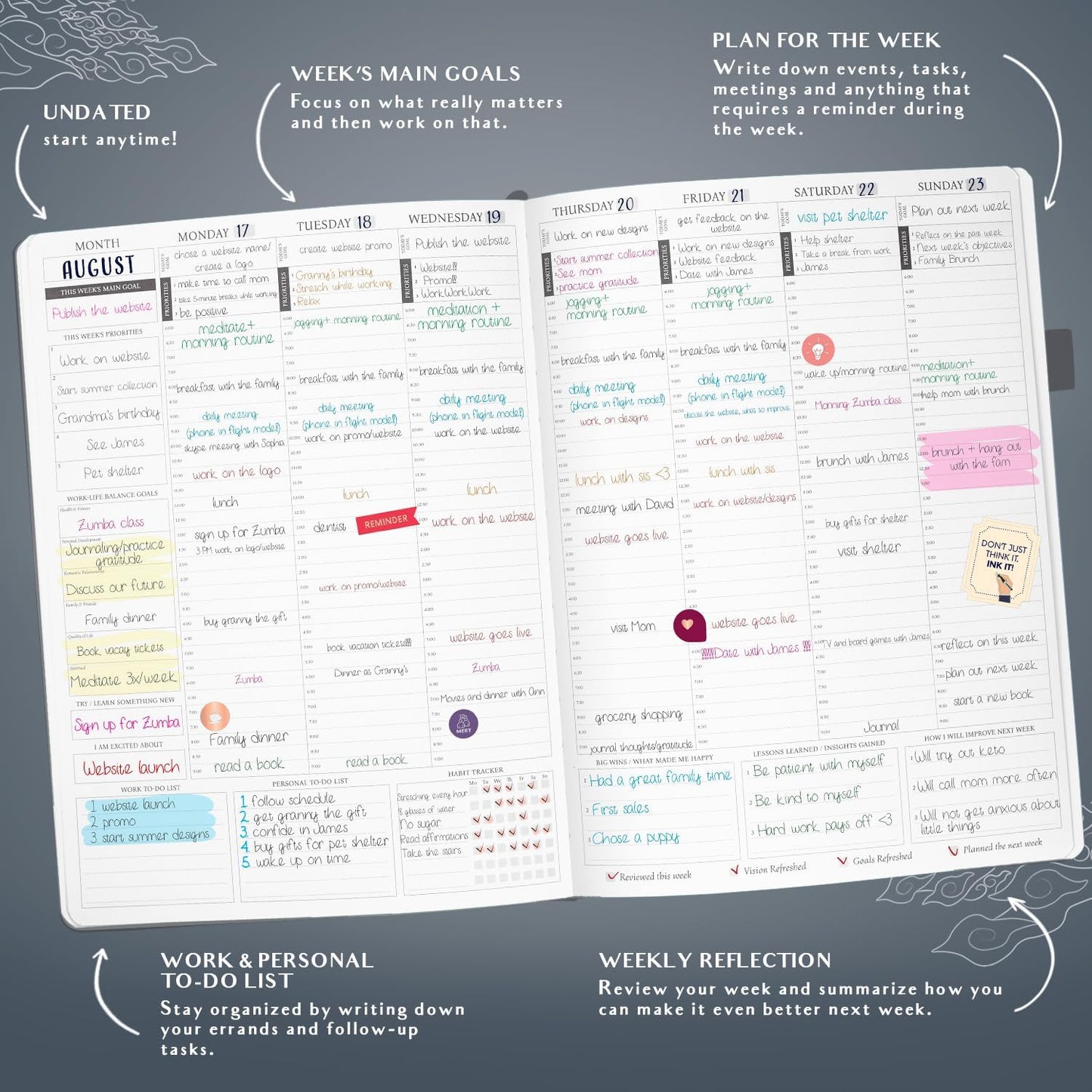 Legend Planner PRO Hourly Schedule - Weekly & Daily Organizer with Time Slots. Appointment Book Journal for Work & Personal, A4 (Mystic Grey)