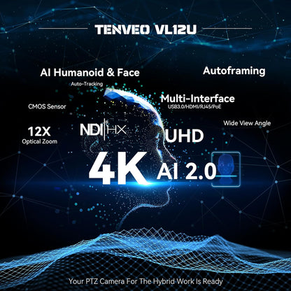 Tenveo NDI PTZ Camera 4K AI Auto-Tracking 12X Optical Zoom USB3.0 LAN PoE HDMI Wide Angle Lens IP Live Streaming Camera for Church Worship Video Conference Broadcast Events YouTube OBS vMix
