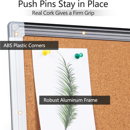 Board2by Cork Board Bulletin Board 24" x 36", Black/Silver Aluminium Framed Corkboard, Office Board for Wall Decor, Large Wall Mounted Notice Pin Board with 18 Push Pins for School, Home & Office