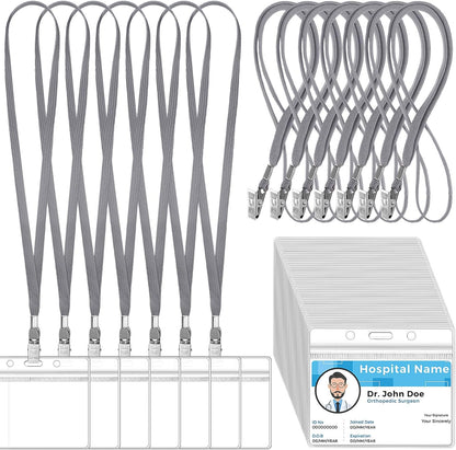 Marspark 50 Sets Clear Name Tags with Lanyard, Lanyards for ID Badges Reusable Strap with ID Holder Plastic Name Badges for Adults Business School Church Conference (Gray)