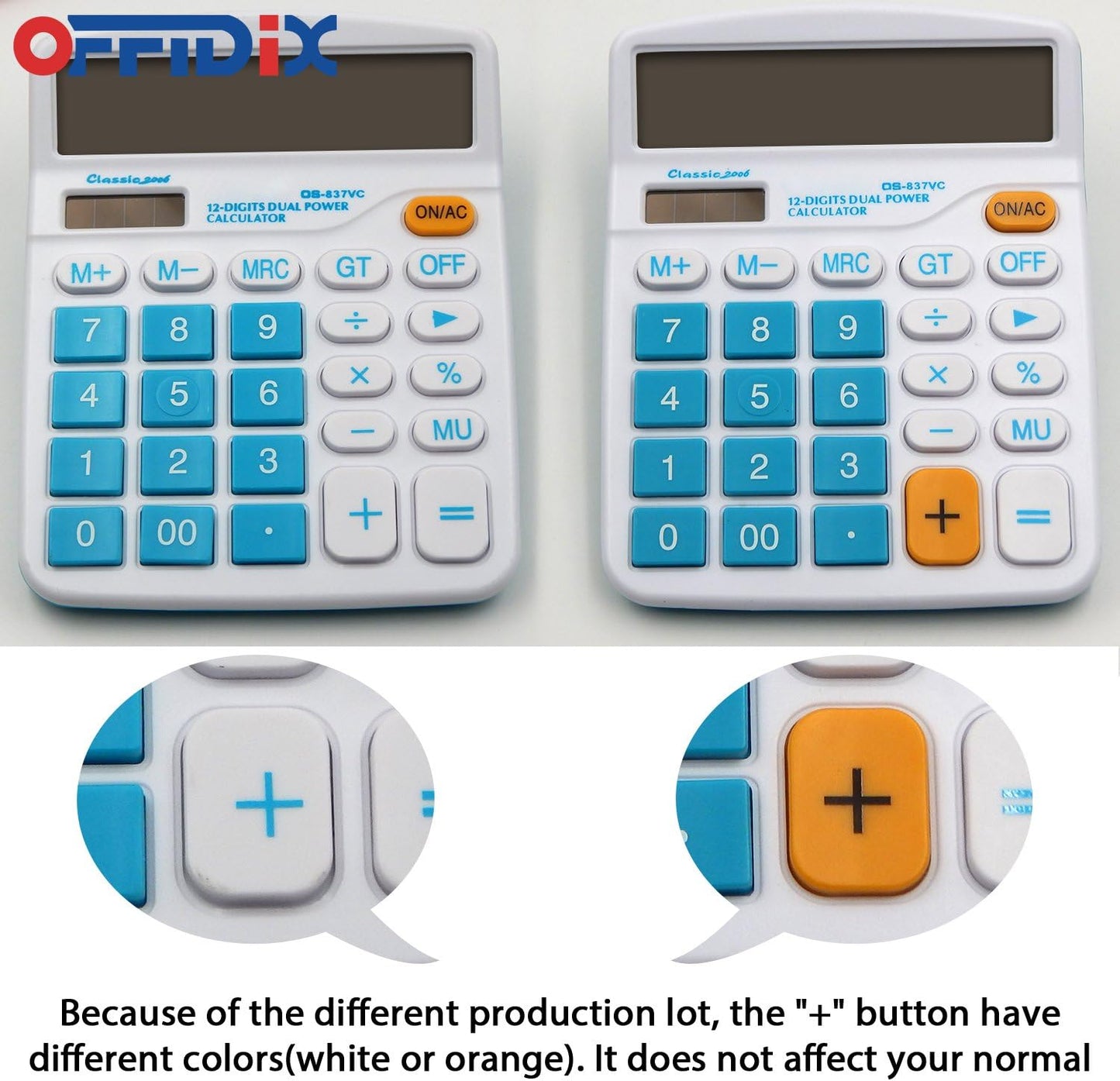OFFIDIX Office Desktop Calculator, Solar and Battery Dual Power Electronic Calculator Portable 12 Digit Large LCD Display Calculator, Blue