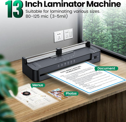 Laminator Machine with 40pcs Laminating Pouches Sheets, 9 in 1 Laminator 13-inch Wide Thermal &Cold Machine Built-in Paper Trimmer Corner Rounder Hole Punch for Home Office School (Black)