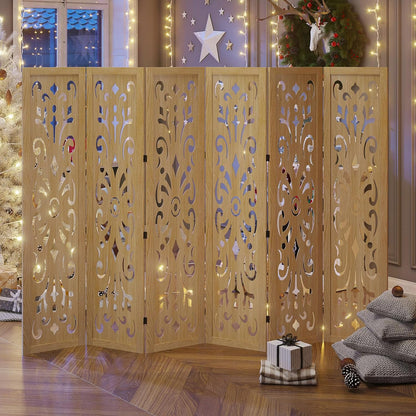 5.6Ft Room Divider Folding Wood Classical Carved Partition Screen for Home Office Garden - 6 Panels (Natural)