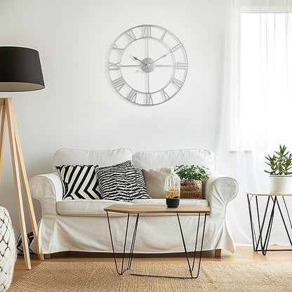 Large Wall Clock - 80cm/ 32 Inches, Silver, Non-Ticking, Battery Operated, Vintage Modern Wall Clock for Living Room, Bedroom, Office, Farmhouse Decor