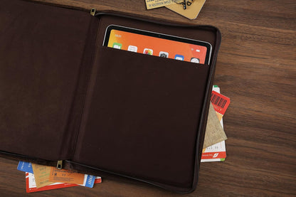 Personalized Leather Portfolio Organizer for IPad/Document, Business Padfolio with A4 Leather Notepad Holder, Custom Leather Compact Folder Conference Portfolio for Men and Women, Dark Khaki