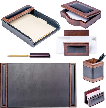 Dacasso Wood & Leather Desk Set - Luxury Leather Desk Pad & Desk Organization Essentials (Walnut and Black, 7 Piece)