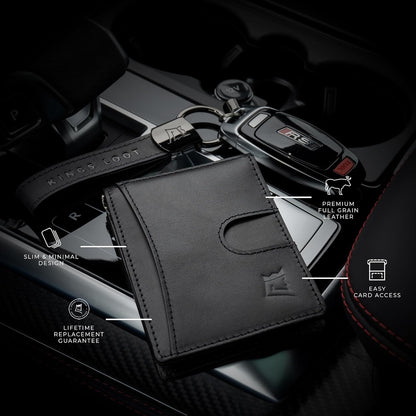 Kings Loot Money Clip Slim Minimalist Wallet for Men – RFID Blocking Leather Design with Money Clip – Front Pocket Bifold Holds 12 Cards – Stylish & Compact Wallets (Black/Premium Engraved)