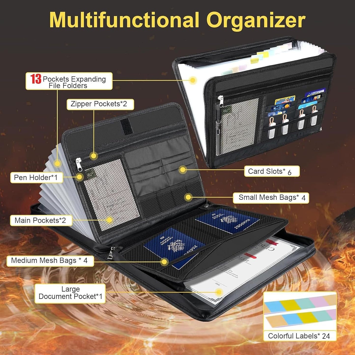 Accordion File Organizer Fireproof Expanding Folder - 13 Pockets, Letter A4 Size, Index Tabs,Organize Bills, Receipts & Important Documents Easily,Home Office & School
