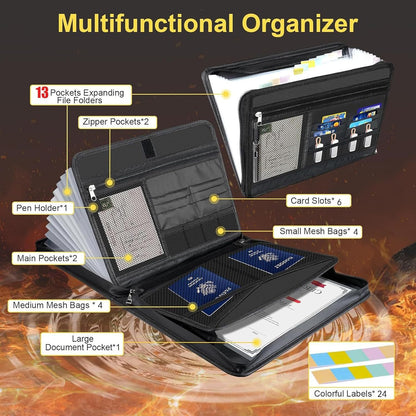 Accordion File Organizer Fireproof Expanding Folder - 13 Pockets, Letter A4 Size, Index Tabs,Organize Bills, Receipts & Important Documents Easily,Home Office & School