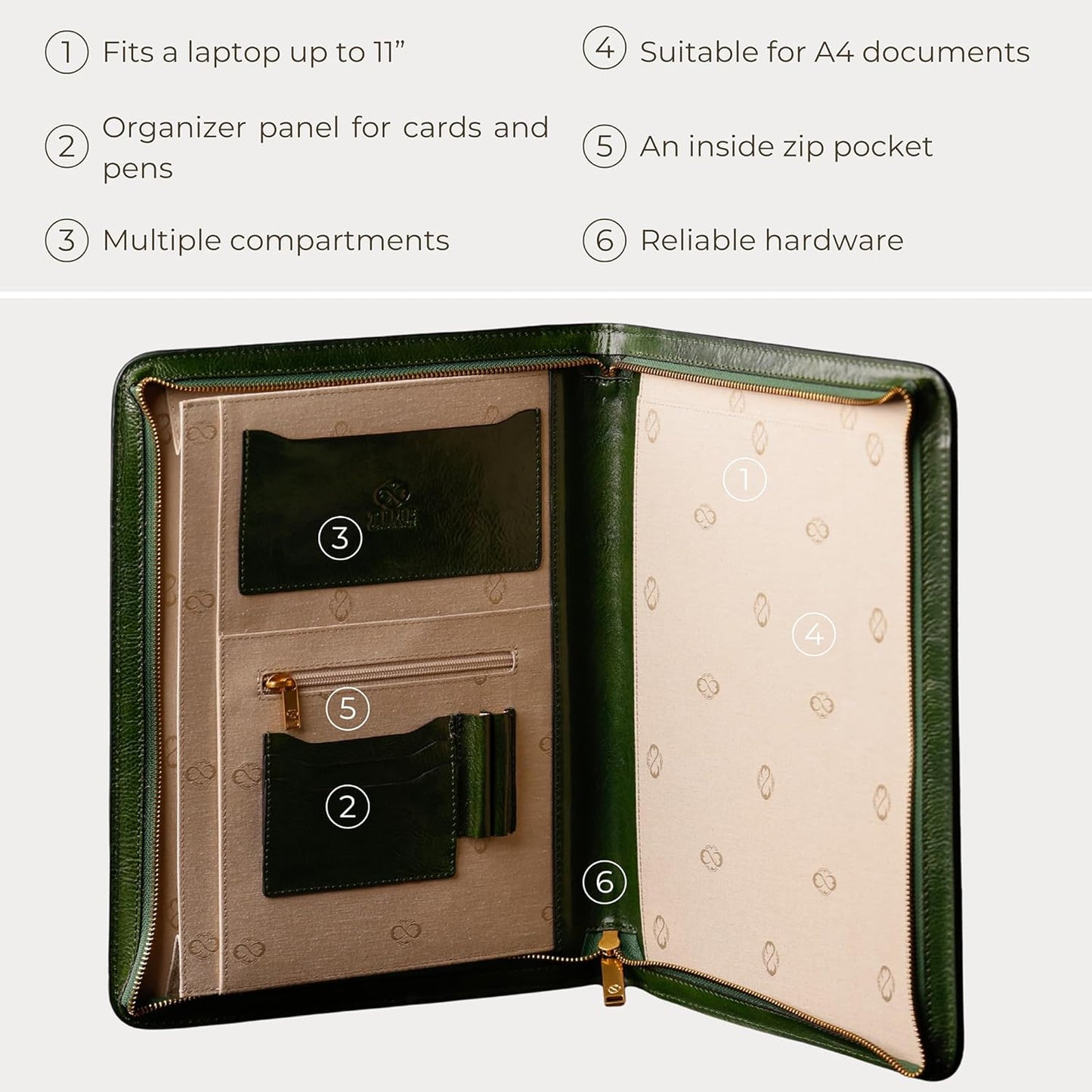 Time Resistance Leather Portfolio - A4 Document Folder - Italian Handcrafted Padfolio Organizer (Green) - Gift Box Included