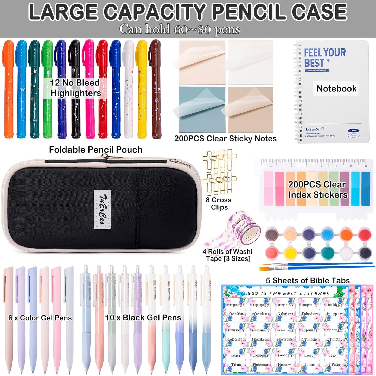 Bible Study Supplies for Women Men - Pencil Pouch Case, 75 Tabs, 12 No Bleed Highlighters, 6 Colored Pens, 10 Black Ink Pens, Washi Tapes & A5 Notebook -Christian Gifts Journaling Kit, Black