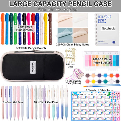 Bible Study Supplies for Women Men - Pencil Pouch Case, 75 Tabs, 12 No Bleed Highlighters, 6 Colored Pens, 10 Black Ink Pens, Washi Tapes & A5 Notebook -Christian Gifts Journaling Kit, Black