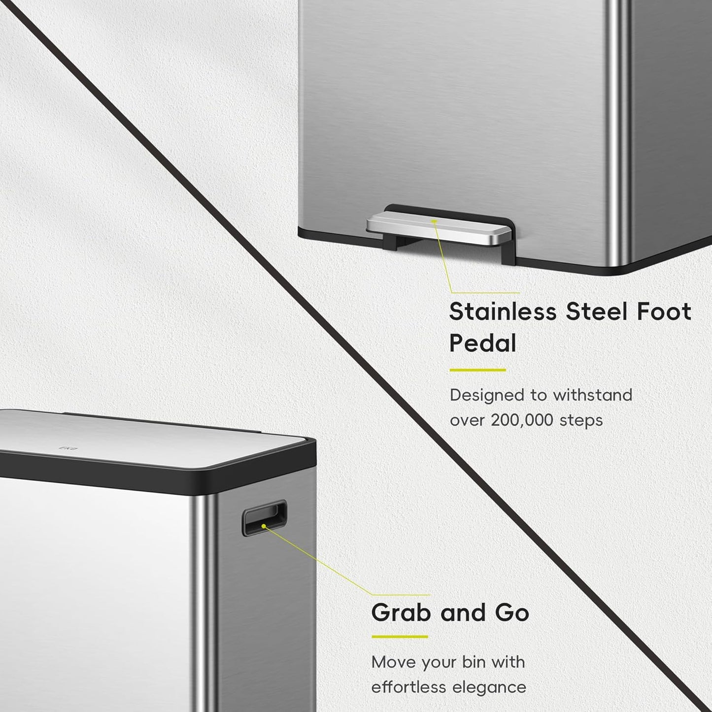 EKO EcoCasa II Rectangular Kitchen Step Trash Can, 20L+20L Dual Compartment Recycling Bins, Stainless Steel Lid and Pedal, Odor-Proof, Fingerprint Resistant