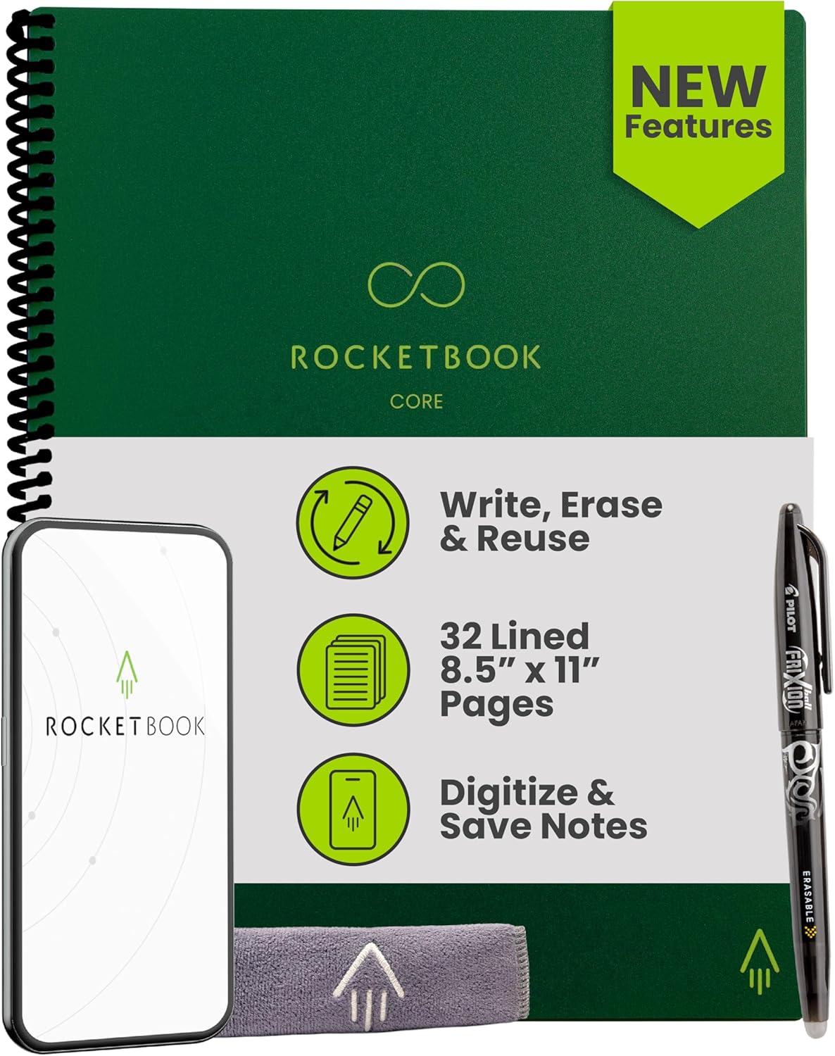 Rocketbook New Core Reusable Spiral Notebook, Letter Size 8.5x11, Green - Lined Pages, App-Connected, Erasable, Durable Cover, Ideal for School, Work, and Creative Projects