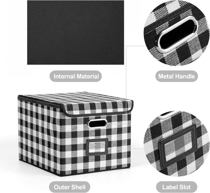 File Organizer Box, Linen Filing Organizer with Lid, Large Desktop File Boxes, Black and White Lattice,2 Pack