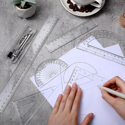 Zonon 1 Set Plastic Geometry Math Set Includes Drawing Compass, 6 and 4 Inch Protractor, 45/60 Degree Triangle Rulers 12 and 6 Inch Math Ruler Transparent for Office Supplies(Clear)