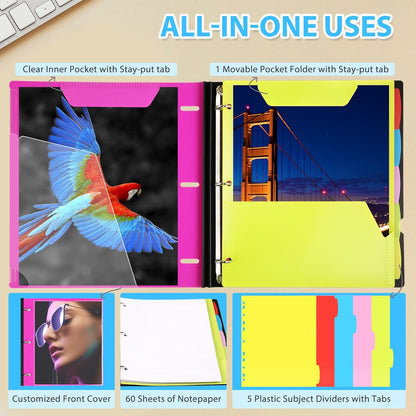 WOT I 2-Pack Telescoping 3 Ring Binder Notebooks - Customizable Cover, 5 Dividers & Pocket Folder in One Slim Organizer (60 Sheets Included), Pink