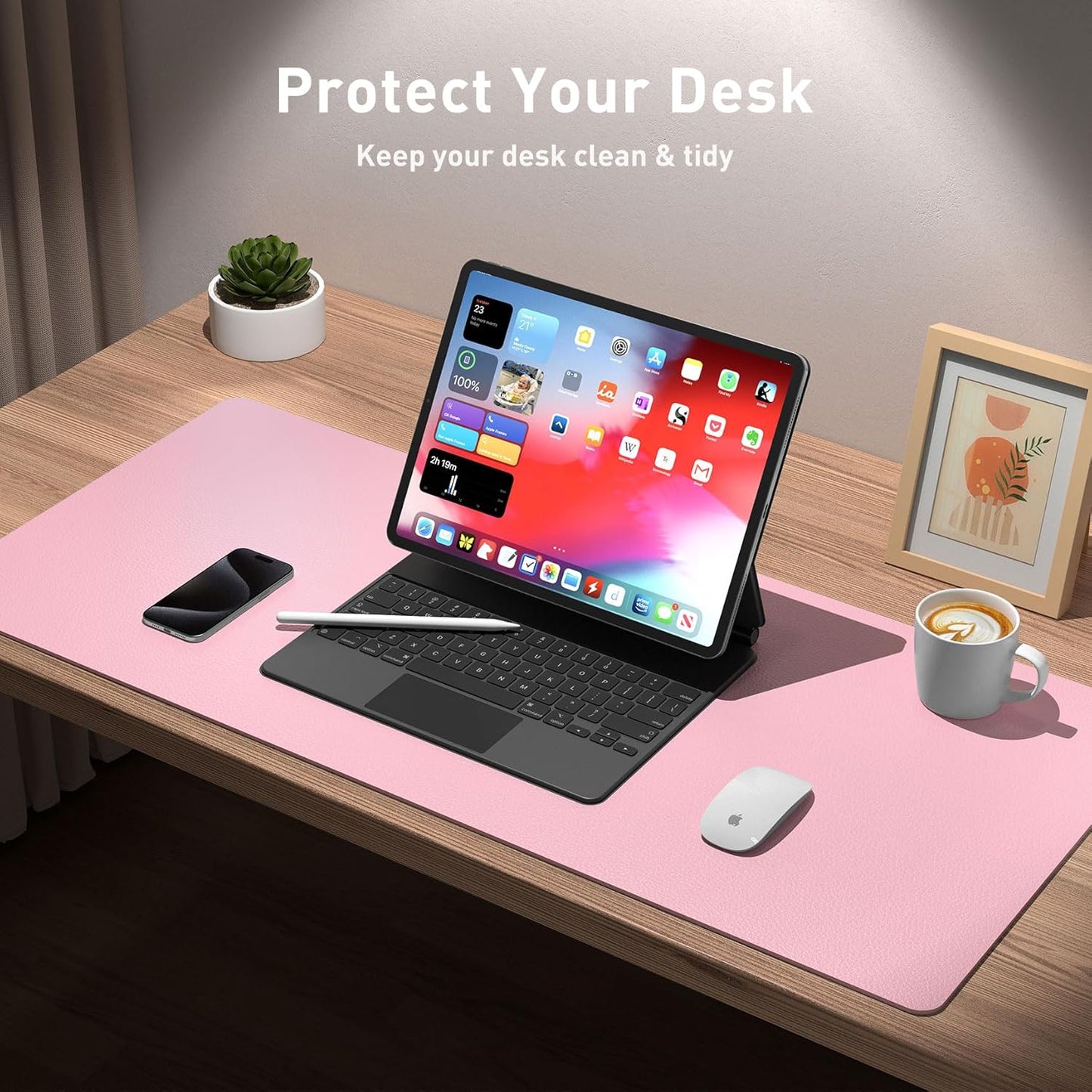 Aothia Leather Desk Pad Protector, Mouse Pad, Office Desk Mat, Non-Slip PU Leather Desk Blotter, Laptop Desk Pad, Waterproof Desk Writing Pad for Office and Home (23.6" x 13.7", Fairy Pink)