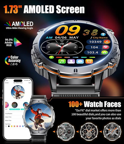 LIGE Military Smart Watch with 900mAh Battery(60+Standby),1.73" AMOLED with Compass Altitude and Barometric Pressure,110+ Sports Mode Tactical Fitness Tracker/Bluetooth Call Android iOS Smartwatch
