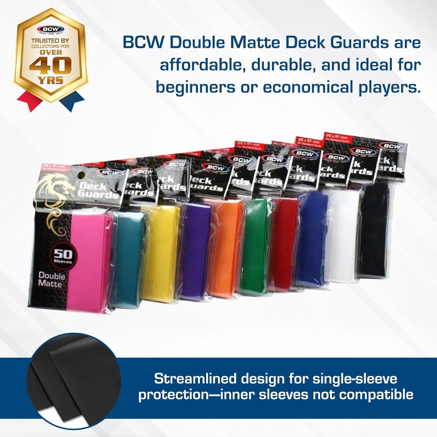 BCW Deck Guard - Double Matte Card Sleeves | 500 Count Box (10 Packs of 50 Sleeves) |Acid-Free, No PVC | Fits 2.5" x 3.5" Game Cards | Archival Safe Sleeves for Card Protection (Blue)
