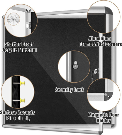 38"x38" Enclosed Bulletin Board, Lockable Weather-Resistant Aluminum Cork Noticeboard for School & Office, Silver Frame w/Black Flet