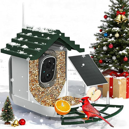 Smart Bird Feeder with Camera Solar Powered & AI Bi rd Identification, 2.4Ghz WiFi Bird feeders for Outdoors, 2K Live Video, Nstant Arrival Alerts - Best Gifts for Bi rd Lovers - Green