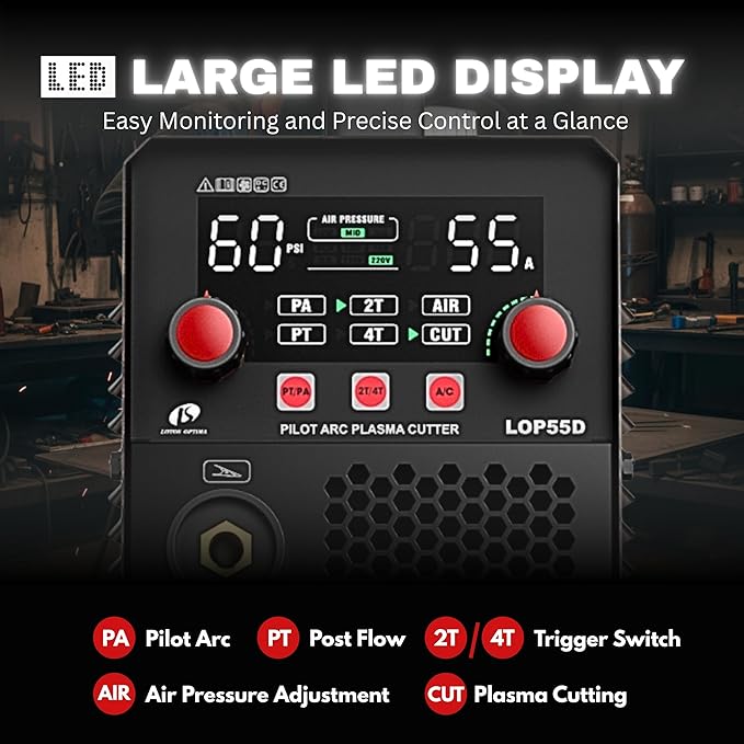 LOTOS LOP55D 55A Plasma Cutter, 1/2" Clean Cut (3/4" Sever), Non-Touch Pilot Arc, Dual-Voltage 110/220V, LED Panel, Portable Air Plasma Cutting Machine for DIY, Auto, Farm, HVAC