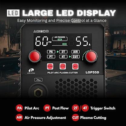 LOTOS LOP55D 55A Plasma Cutter, 1/2" Clean Cut (3/4" Sever), Non-Touch Pilot Arc, Dual-Voltage 110/220V, LED Panel, Portable Air Plasma Cutting Machine for DIY, Auto, Farm, HVAC