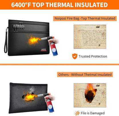 Noiposi 6400℉ Fireproof Document Bag with Lock,Dual-Zip Compartments Fireproof Money Bag for Cash and Documents,12 Layers Heat Insulated Fireproof Bag with Zipper,Protects Important Papers,Valuables