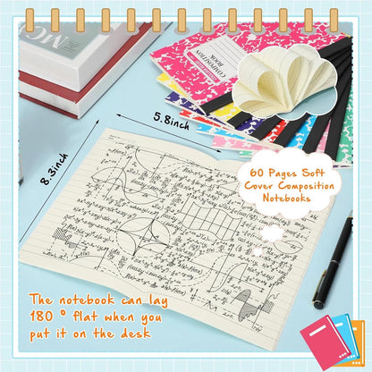 Fainne 100 Pack A5 Composition Notebooks Bulk College Ruled Composition Notebooks Marble Covers Notebook for Student Classroom Office Supplies 30 Sheet/60 Page(10 Color)