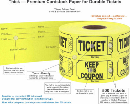 Tacticai 500 Raffle Tickets, Yellow (1 of 8 Colors), Double Roll, Ticket for Events, Entry, Class Reward, Fundraiser & Prizes