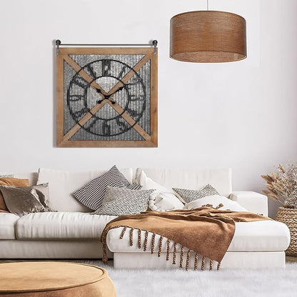 Oakrain Rustic Large Wall Clock, Classic Vintage Hanging Clock, Silent Non-Ticking Square Wall Clock for Living Room Bedroom Office, Numeral, Brown, 27''x29''