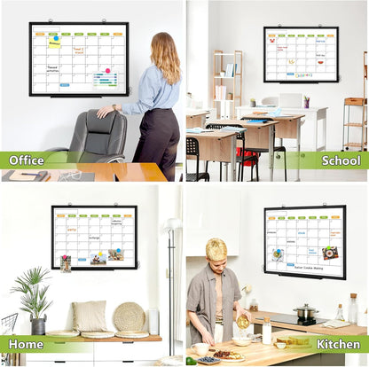 Dry Erase Calendar Whiteboard for Wall, 36" x 24" Double-Sided Magnetic Monthly WhiteBoard Calendar Dry Erase, Wall Hanging Aluminum Frame Calendar Board with Tray for Home, School, Office