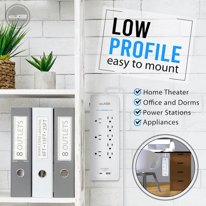 Digital Energy 25 FT USB-C and USB-A 8 Outlet 4200 Joules Surge Protector Power Strip, 3 Wide Spaced Outlets, White