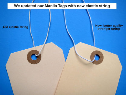 Tags with Elastic String Attached - #5, 4 3/4" x 2 3/8" Box of 200 Manila Paper Label Tags with Elastic Loop and Reinforced Hole