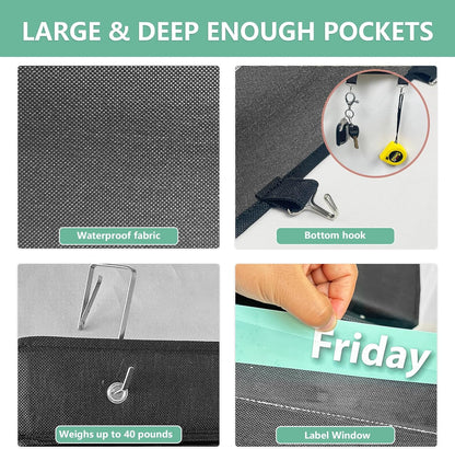 Weekly Over the Door File Organizer, Hanging File Folders Wall Organizer with 5 Large Pockets for Papers, Charts, Mails, Magazine, Office and Back To School Supplies Storage and Organization (Black)