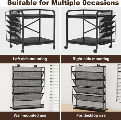 EasyCom Large Printer Stand with File Holder Organizer, Adjustable Height Shelf with Wheels, Rolling Printer Cart with Storage for Printer Scanner Fax Home Office Use Black