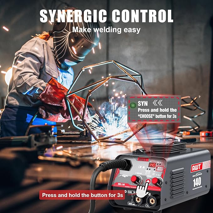 AWT MIG Welder 140Amp, Flux Core MIG Welder/Stick 2 in 1 Welding Machine, Welder Machine 110V With Synergy IGBT Inverter, Portable Gasless Welder Equipment