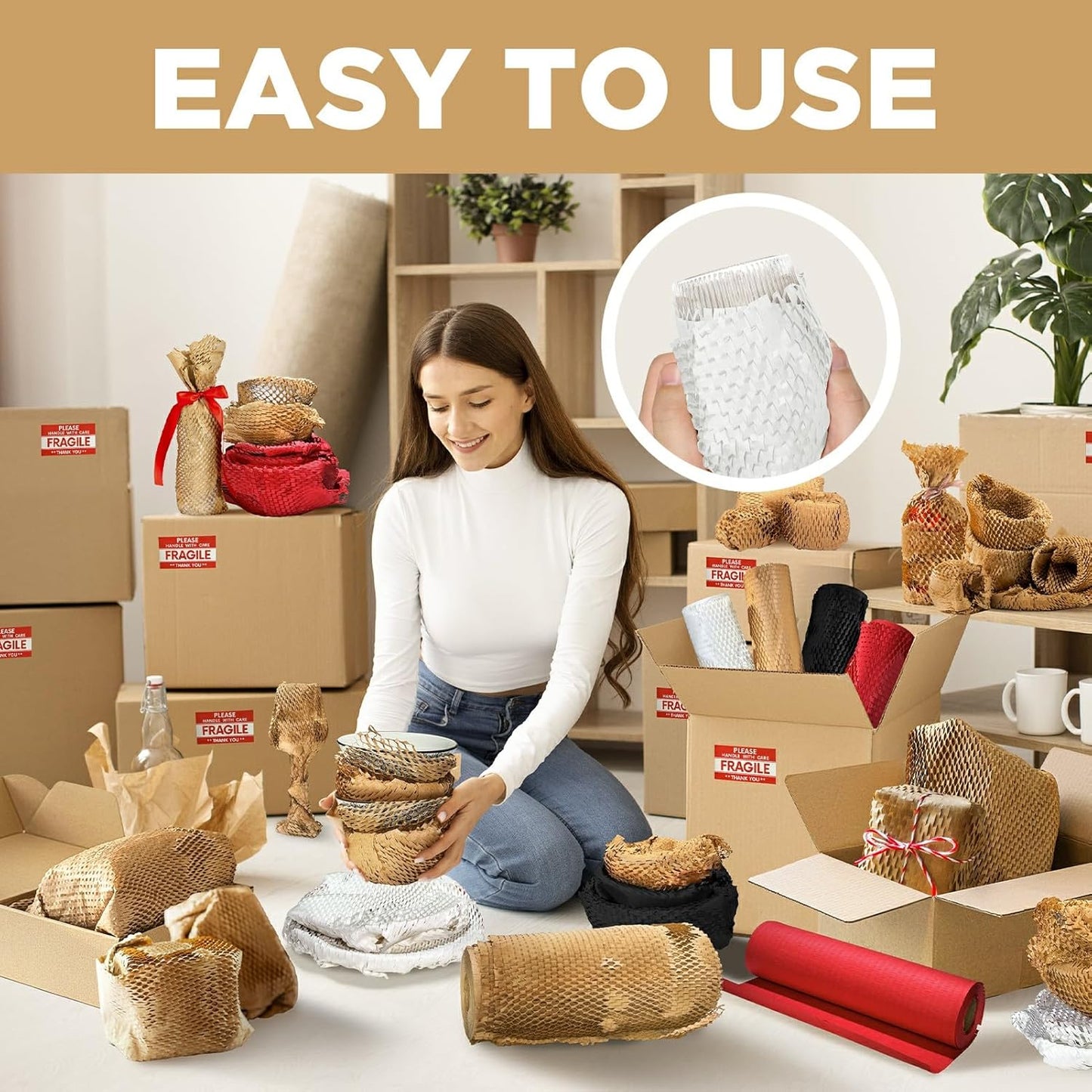 Honeycomb Packing Paper, 12"x150' White | Perforated Honeycomb Packing Paper Recyclable Moving Supplies for Shipping & Moving | Plastic-Free Alternative to Bubble Cushion Wrap with 36 Fragile Stickers