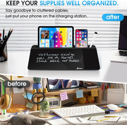 Varhomax Glass Desk Whiteboard Black with Wireless Charger, Desktop Dry Erase White Board with Storage,to Do List Memo Notepad for Home and Office
