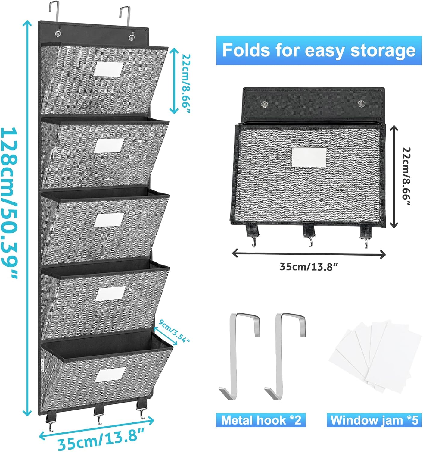 Over the Door File Organizer, Hanging File Folders, Wall Organizers and Storage for Mail, Magazine, Notebooks, Planners, Office, Classroom, 5 Extra Large Pockets, 50.39” Tall (Grey with Herringbone)