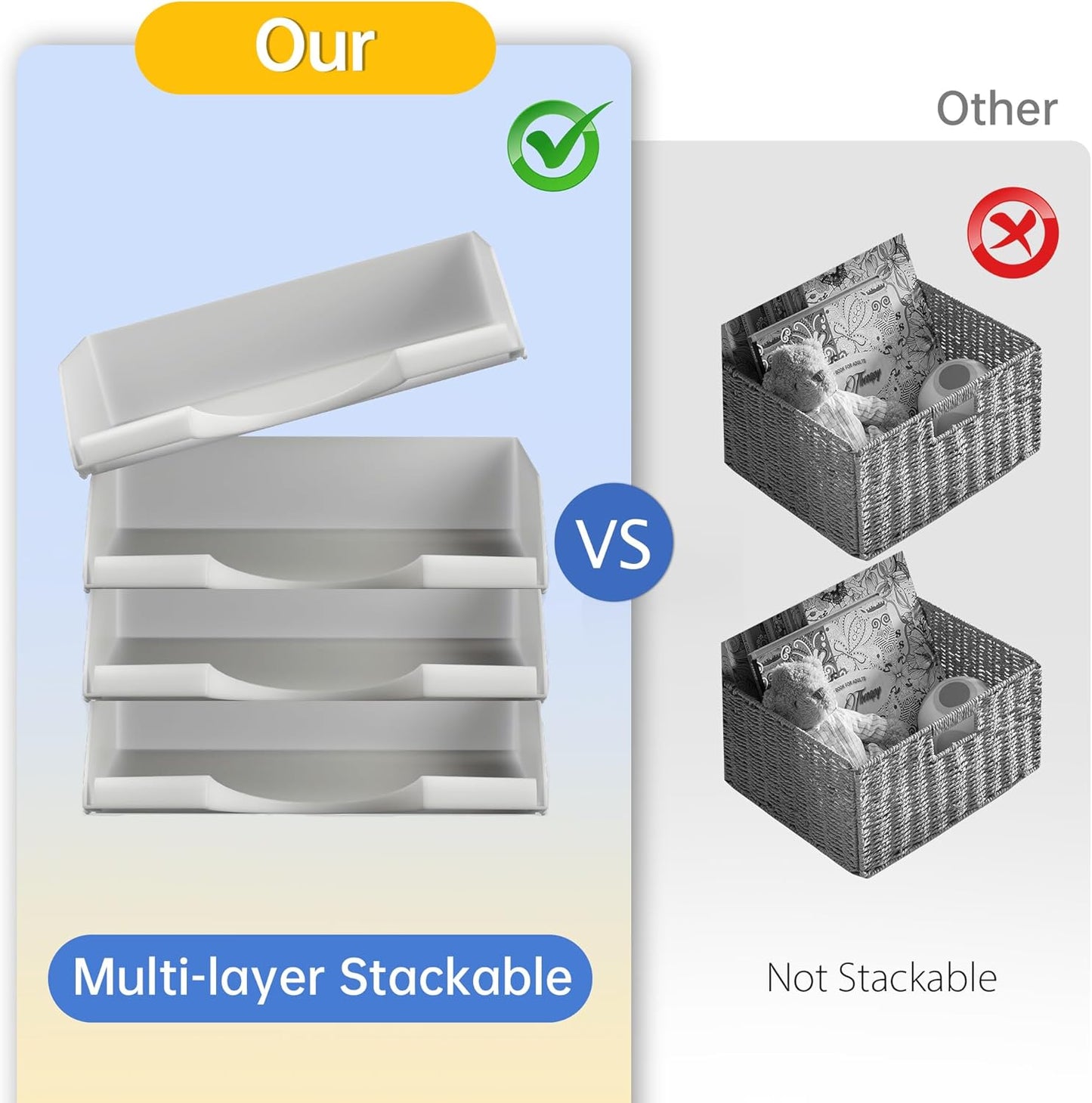 4 Pack Stackable Paper Trays for Letter Documents, Desktop File Organizers for Office Supplies, Stackable Desk Tray Holder for Paper Storage, Gray