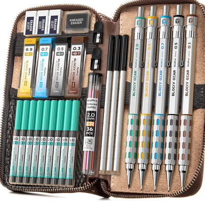 Nicpro Blocky Gear Metal Mechanical Pencil Set in Leather Case, 29PCS Art Drafting Pencils 0.3, 0.5, 0.7, 0.9&2mm Lead Pencil with 330PCS Lead (HB 2H 4H 2B 4B 6B Color) For Writing Sketching Drawing