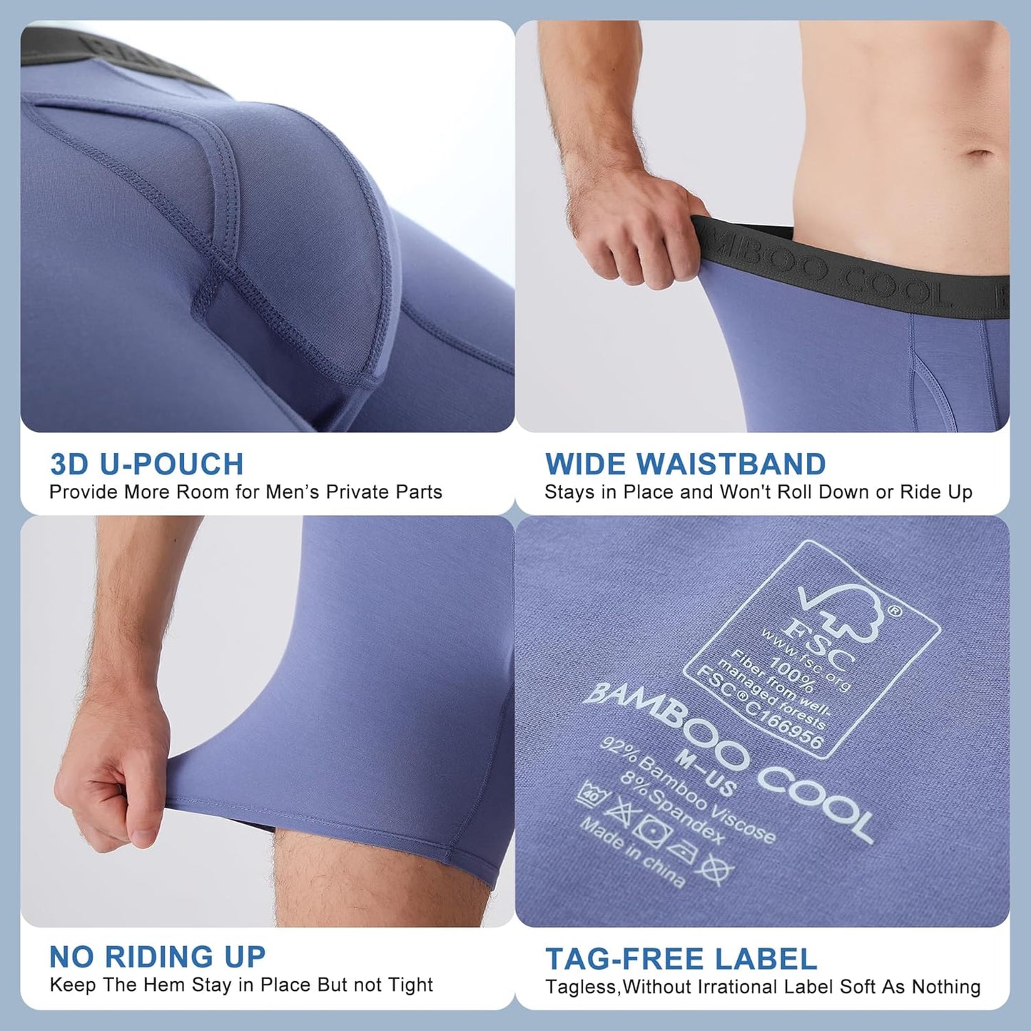 BAMBOO COOL Men's Ultra Breathable Underwear,No Riding Up Boxer Briefs with ComfortFlexible Waistband,Multipack