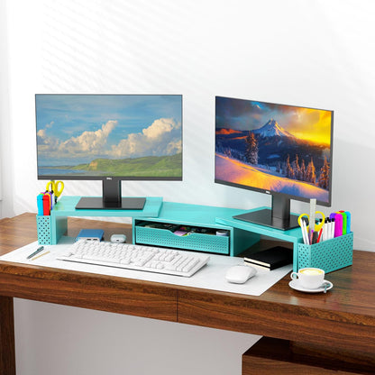 Spacrea Metal Desk Organizers and Accessories, Dual Monitor Stand Riser with Drawer and 2 Pen Holders, Desk Accessories & Workspace Desktop Organizers for Office Supplies (Blue)