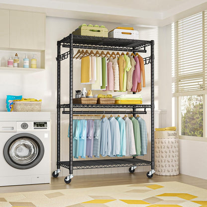 P1 Plus Rolling Clothes Rack, 22mm Diameter Heavy Duty Garment Rack with Wheels, Portable Closet Wardrobe with Double Rods, 45" W x 17.7" D x 80.5" H, Max Load 524 LBS, Black