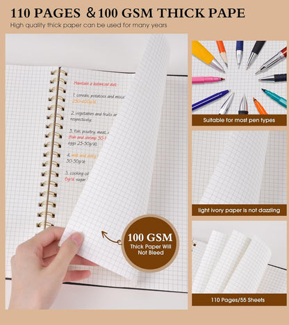 Graph Paper Notebook, Spiral Notebook Journal 8.5” x 11”, A4 Large Grid Notebooks for Women Men, 100 GSM Graph Paper, Plastic Hardcover Spiral Graphing Journals for Work School Engineerin, Black