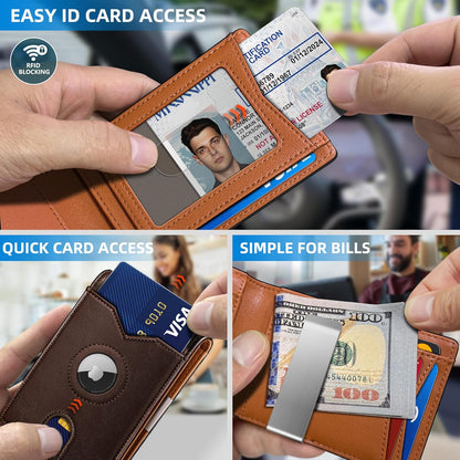 Airtag Wallet for Men,with Money Clip 11 Cards Slim Front Pocket Leather RFID Blocking Wallet with Gift Box